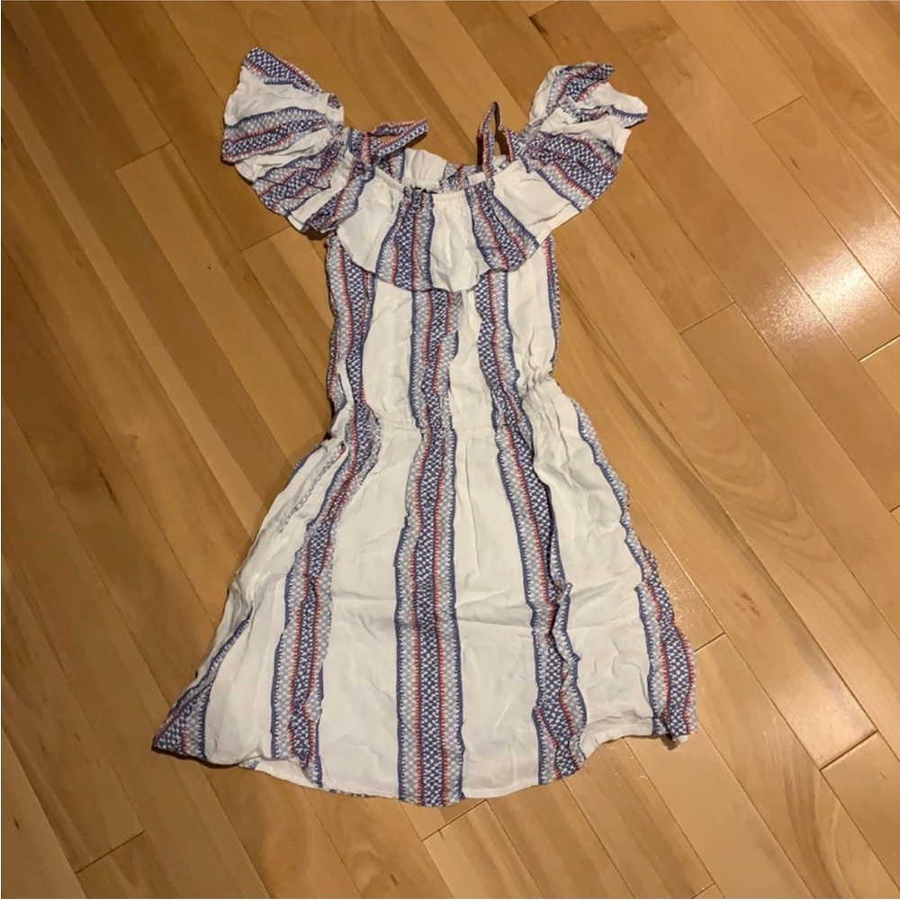 💥2/$30 Dex White & Blue Ruffled Sundress w Off-the-Shoulder Flutter Sleeves -szM